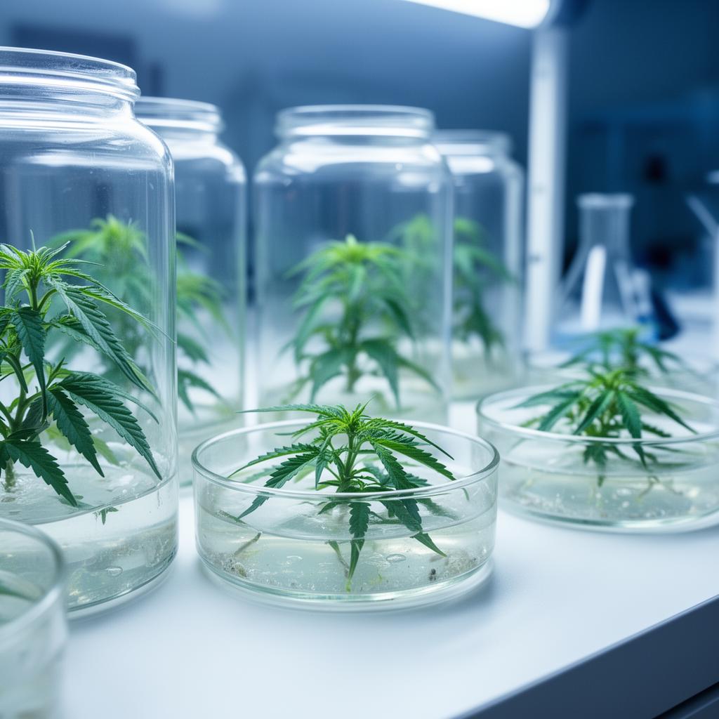 Cannabis tissue culture laboratory with sterile plant clones in jars